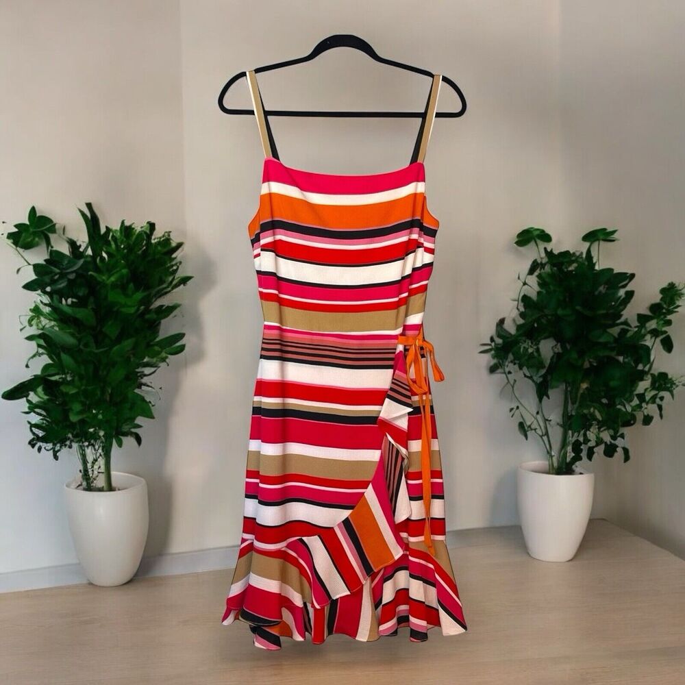 Nicole Miller Studio Size 12 Retro Stripe Fit Flare Dress Pink Orange Cream